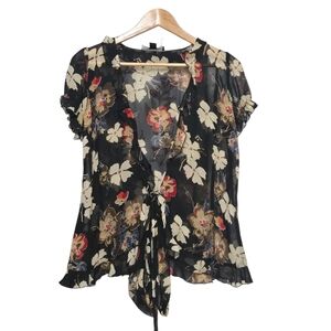 Laundry By Shelli Segal Silk Floral Black Sheer Front Tie Ruffle Top Small
